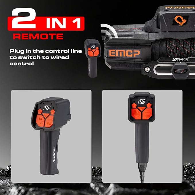 RUGCEL WINCH 12V EMCP Winch 13500lb New Waterproof Electric Synthetic Rope Jeep Winch with Hawse Fairlead,2 in 1 Infrared Remote Control,Dual Color Rope,for Truck SUV