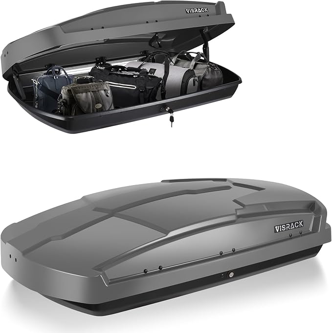 Hard Shell Roof Cargo Box Carrier with Security Keys,Heavy Duty Waterproof Rooftop Storage Box,58.3 L x35.4 W x 13 H Inches,15.5 Cubic Feet Tool-Free Install,Dual Side Opening,Gray