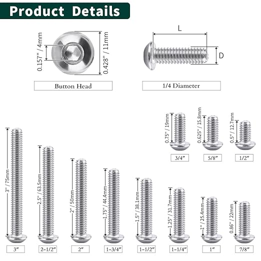 1/4-20 x 3/4" Button Head Socket Cap Bolts Screws, 304 Stainless Steel 18-8, Allen Hex Drive, Bright Finish, Fully Machine Thread, Pack of 30
