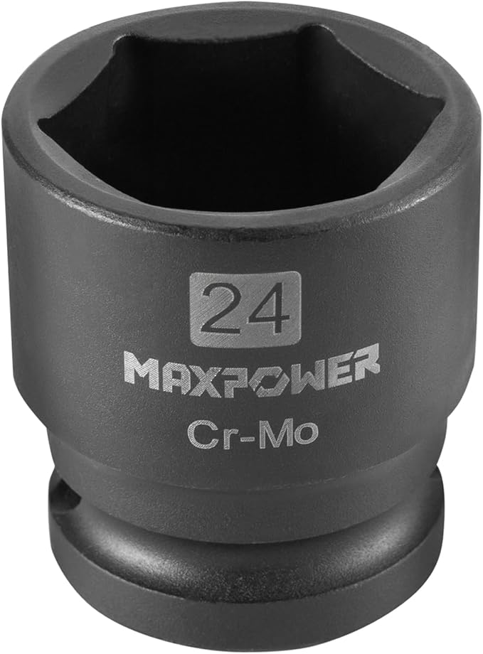 MAXPOWER 1/2 Inch Drive 24mm Standard Impact Socket, Made with Heat-Treated Chrome Molybdenum Steel, 6-Point Design, Metric
