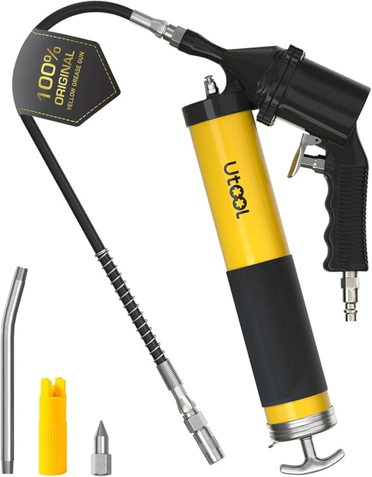 UTOOL Pneumatic Grease Gun, 6000 PSI Air Operated Grease Gun Kit, 14 oz Capacity, 18 Inch Resin Flex Hose, 1 Extension Bend Pipe, 1 Sharp Type Nozzle, 1 Basic Coupler, 1 Zerk Cleaner