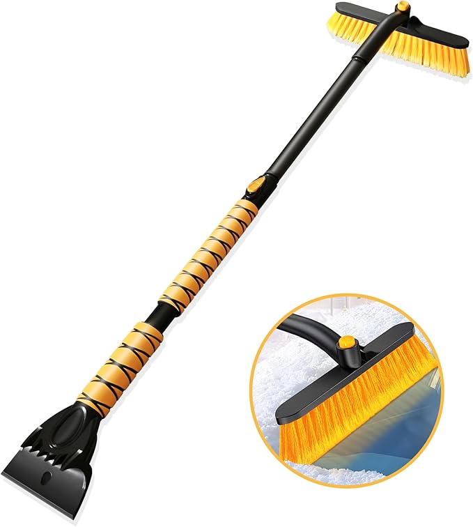 44" Snow Brush and Ice Scraper for Car Windshield, Extendable Snow Brush 360° Rotating Snow Removal Tool with Comfortable Foam Grip for Truck Vehicle Automobile Car (Yellow)