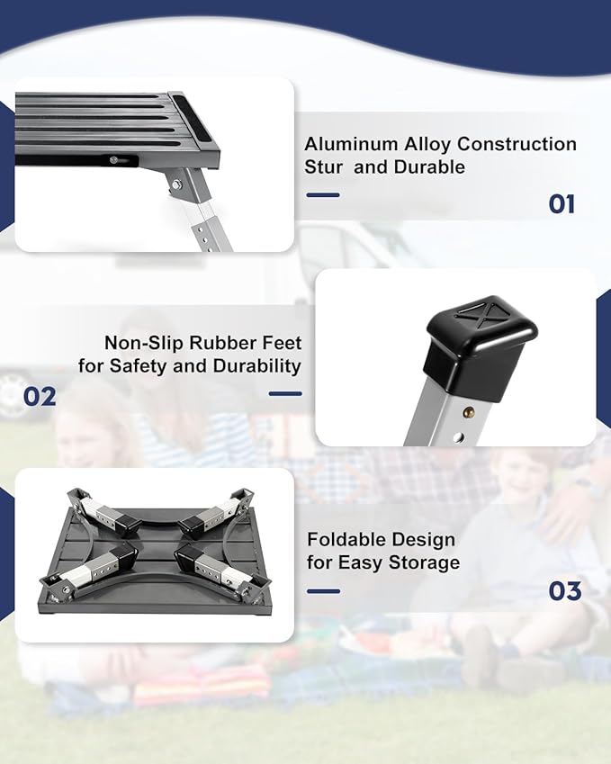 XINQIAO Foldable RV Step Stool with Rubber Feet, 4 Adjustable Heights Portable Heavy Duty Aluminum Folding Step for RV Entry, Trailer, Camper, Fishing and Outdoors