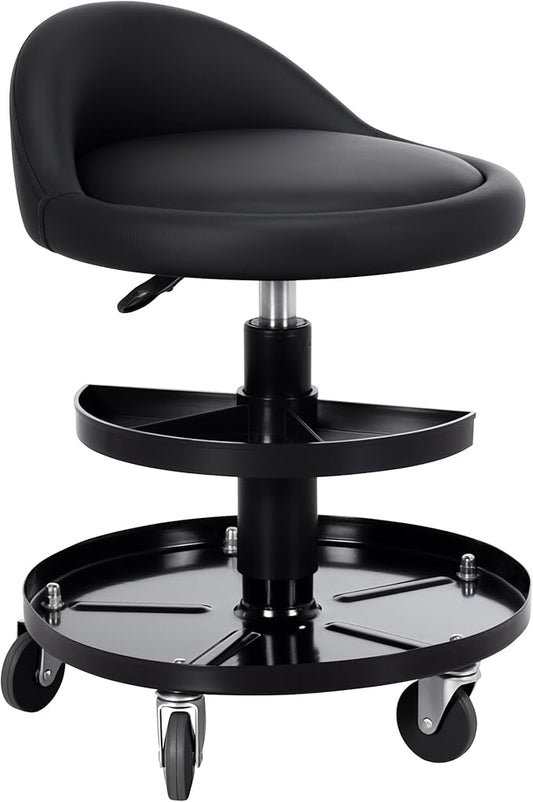 Frassie Rolling Mechanics Garage Seat Stool with Storage Tool Tray Adjustable Height for Auto Repair 300 LBS Capacity