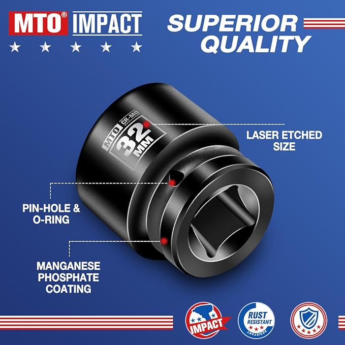 MTO 1/2" Drive 32mm Shallow Impact Socket, 6-Point Metric Socket, CR-MO Steel & Anti-Corrosion Coating for Tight Spaces and Heavy-Duty Tasks