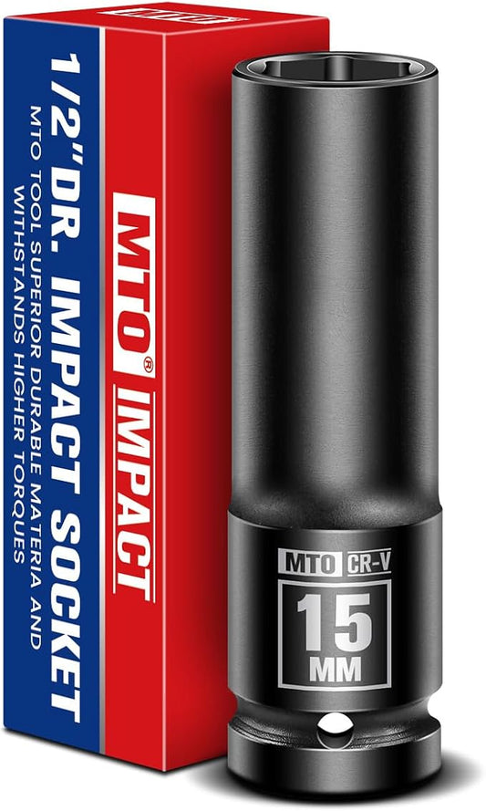 MTO 1/2" Drive 15mm Deep Impact Socket, 6-Point Metric Socket for Automotive Maintaince, CR-V Steel Meets ANSI Standards