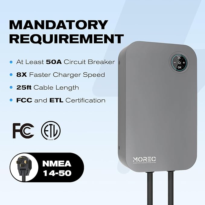 Level 2 EV Charger-40AMP 240V NEMA14-50 for J1772 EVS, WiFi Enabled Electric Vehicle Home Charging Station, ETL Certified, Password Lock Function, 25ft Cable, Grey