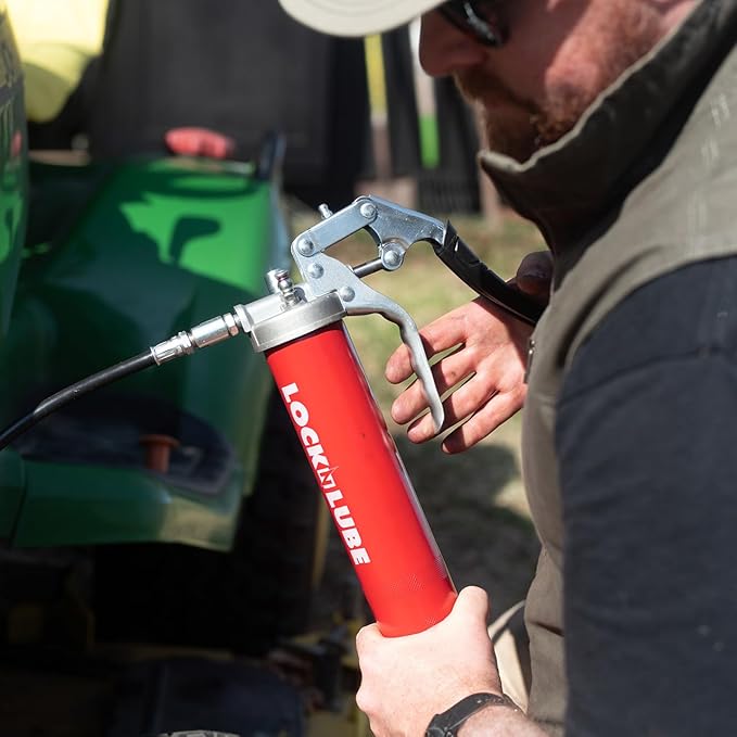 LockNLube Heavy-Duty Pistol Grip Grease Gun. Includes our patented LockNLube® Grease Coupler (Locks On, Stays On, Won't Leak!) plus a high-quality 20" hose and in-line hose swivel