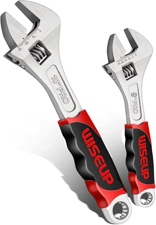 WISEUP Adjustable Wrench Sets 8 inch & 10 Inch Cr-V Forged Industrial Grade Hand Tools Wrench Set With Anti-Slip Grip crescent style