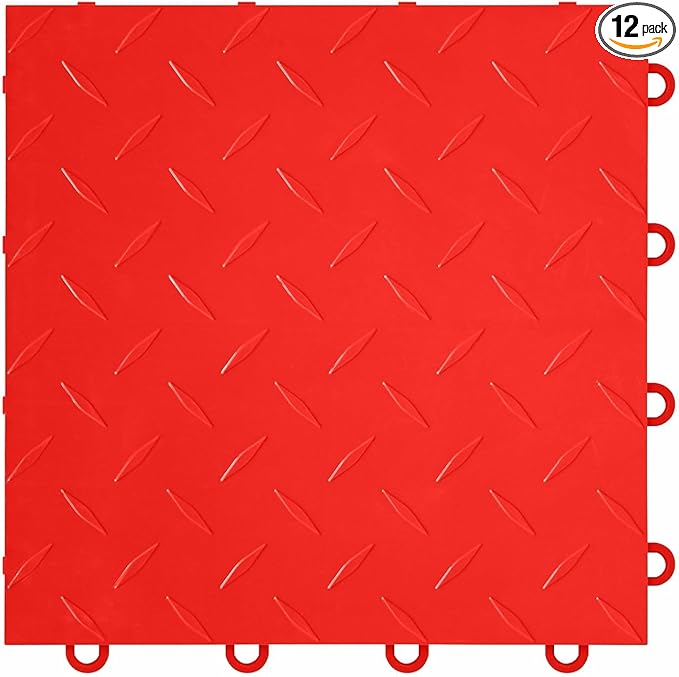 FlooringInc's Nitro 12"x12" Snap-Together Garage Flooring Tiles, Non-Slip Interlocking Plastic Floor Mat, Garage Organization & Storage, Diamond Pattern, Victory Red, 12 Tiles, 12 Sq/Ft
