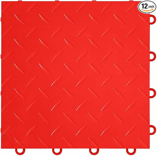 FlooringInc's Nitro 12"x12" Snap-Together Garage Flooring Tiles, Non-Slip Interlocking Plastic Floor Mat, Garage Organization & Storage, Diamond Pattern, Victory Red, 12 Tiles, 12 Sq/Ft