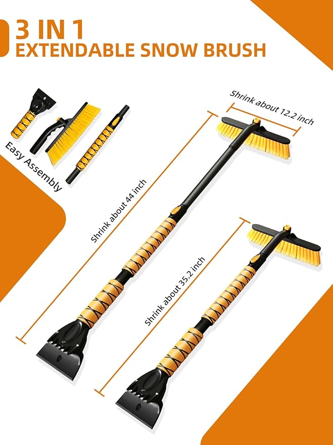 44" Snow Brush and Ice Scraper for Car Windshield, Extendable Snow Brush 360° Rotating Snow Removal Tool with Comfortable Foam Grip for Truck Vehicle Automobile Car (Yellow)