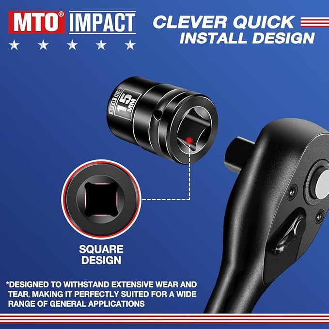MTO 1/2" Drive 15mm Shallow Impact Socket, 6-Point Metric Socket for Automotive Maintaince, CR-V Steel Meets ANSI Standards