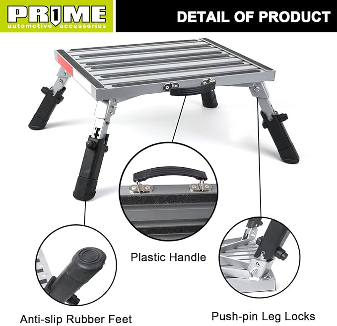 Prime 1 Safety RV Steps Extra Large Platform 19in x 14.5in Extra Size RV Folding Step Stool and Ladder, 600lbs, Height Adjustable, Aluminium with Reflective Stripe, Anti-Slip Surface and Extra Grip
