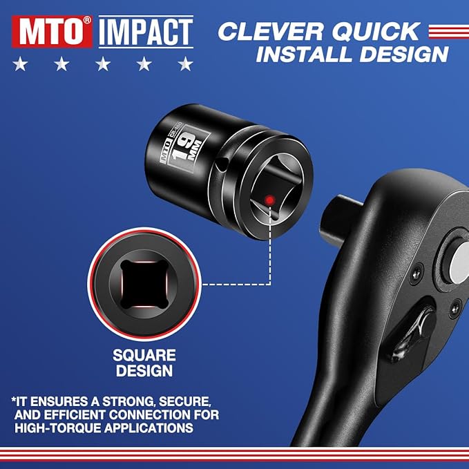 MTO 1/2" Drive 19mm Shallow Impact Socket, 6-Point Metric Socket, CR-MO Steel & Anti-Corrosion Coating for Tight Spaces and Heavy-Duty Tasks