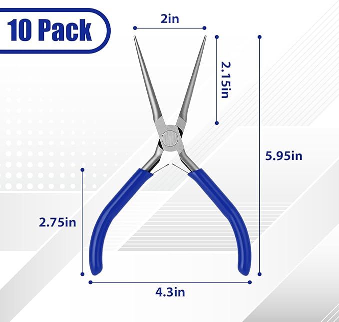 10 Pack Mini Needle Nose Pliers Bulk, 6 Inch Precision Pliers Set with Extra Long Tips for Jewelry Making, Wire Wrapping, Small Object Gripping, DIY Project (Blue)