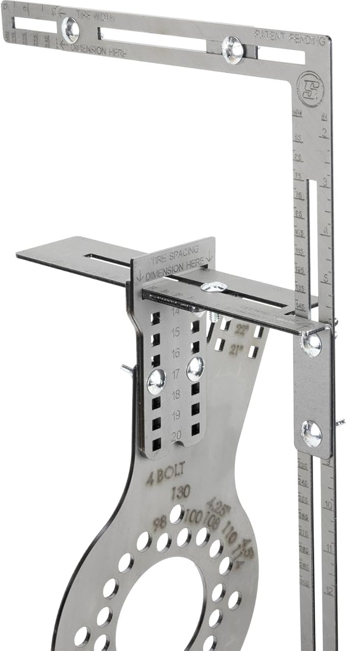 Speedway Motors WheelWise™ 4-Lug Wheel Fitment Tool with Tire Size Attachment, Simulates 14-22 Inch Rim Diameter, 8-14 Inch Tire Width, 2.5-11.5 Inch Sidewall, Laser Cut Steel