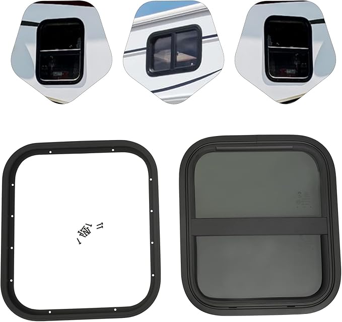 RV Window, Teardrop Trailer Window 14" W X 16" H Vertical Sliding RV Glass Replacement, Universal RV Window Camper Window Vertical Slid Round Corners RV Window Replacement with Trim