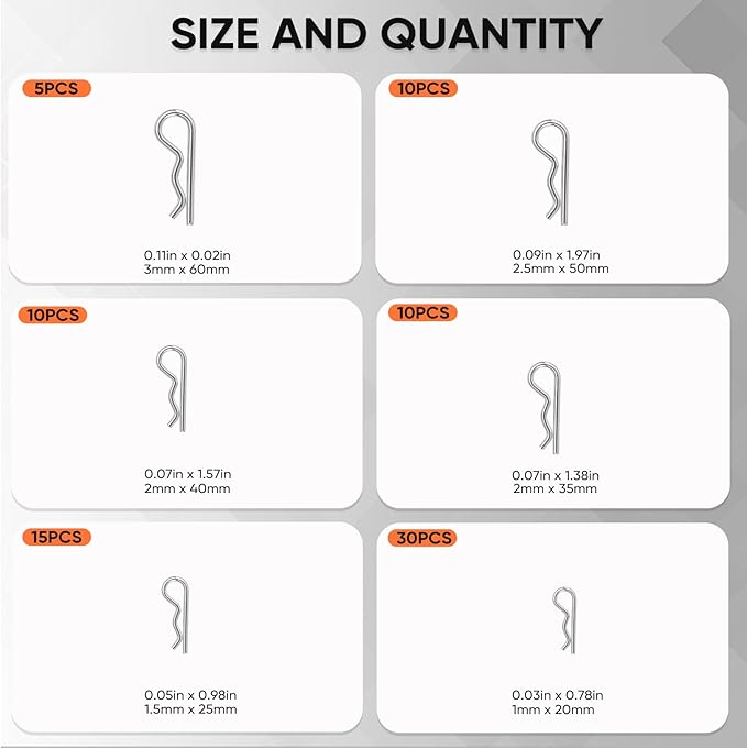 80Pcs Hitch Pin,6 Sizes Hardware Cotter Pins Clip Assortment Kit - 304 Stainless Steel R Hairpin Cotter Fastener Clip Suitable for Truck and Engine Maintenance, Hanging Needle Lock System