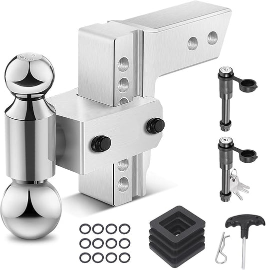 Adjustable Trailer Hitch for 2.5” Receiver, 18500 LBS GTW Aluminum - 6” Drop/Rise with 2-inch and 2-5/16 inch Dual Ball, w/Anti-Theft Lock & Hitch Tightener Silver