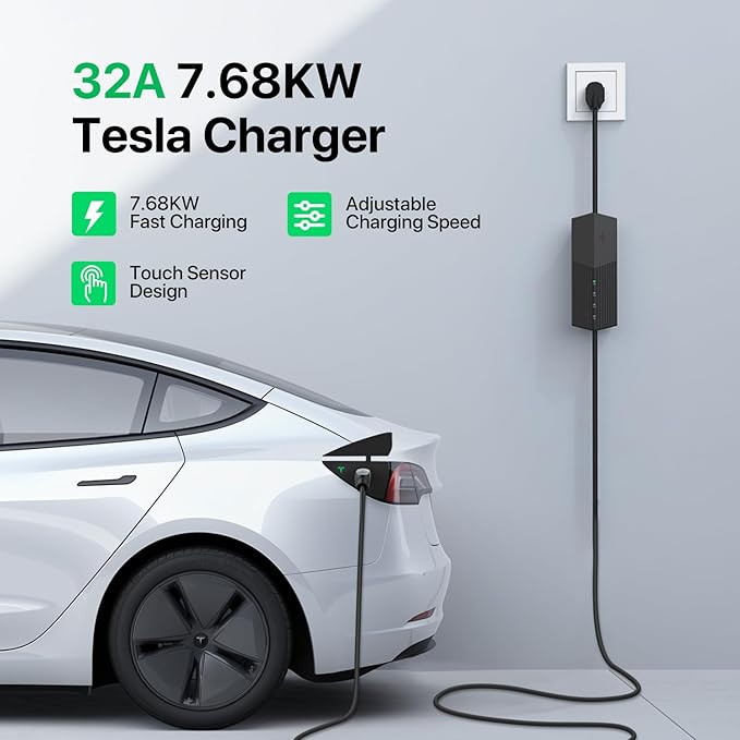 Level 2 EV Charger for Tesla NACS 32A 240V Level 2 EV Charger with NEMA 14-50 Plug 25FT Cable Mobile Charging Station 15-32 Amps Adsjutable Vechicle Charging Stations for All Teslas