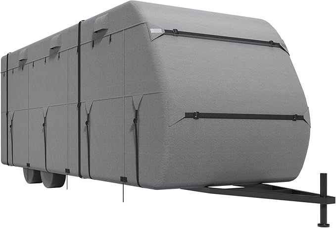VEVOR Travel Trailer Cover, 22-24 ft RV Cover, 4-Layer Non-Woven Fabric Camper Cover, Waterproof, Windproof and Rip-Stop Class A RV Cover, with Storage Bag, Repair Patches, Straps and Tire Covers