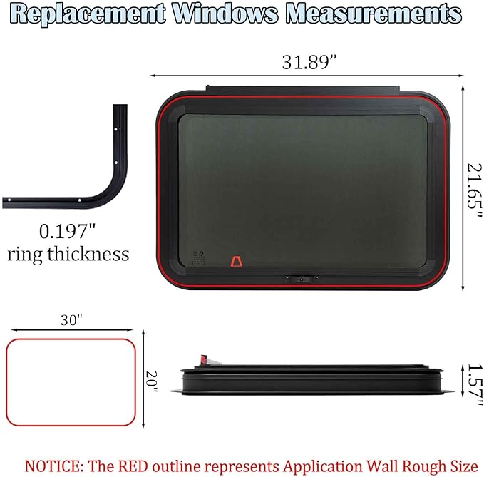 RV Window | 30" W x 20" H | RV Exit Window | Tempered Glass &Trim Set | DOT Certification Qualified