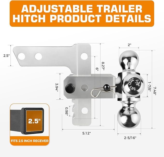 Kingfun Adjustable Trailer Hitch - Drop Hitch 2.5 Inch Receiver, 6 Inch Drop/Rise Tow Hitch, Tri Ball (1-7/8" & 2" & 2-5/16" Balls), 18500 Lbs Gtw, Aluminum Heavy Duty Hitch with Anti-Theft Pins