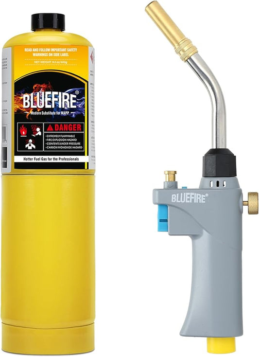 BLUEFIRE BTS-8090 Propane Torch Trigger Start Heavy Duty Gas Welding Head Adjustable Swirl Flame Hand Blow Torch Hold Portable Fuel by MAPP/MAP Pro/Propane Bottle Tank (Torch with MAPP Cylinder)