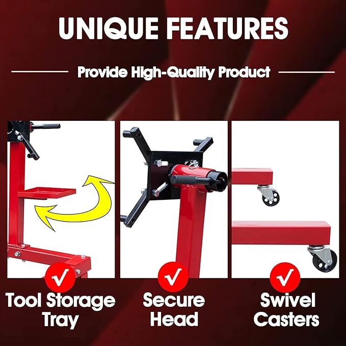 Big RED Steel Rotating Engine Stand with 360 Degree Adjustable Mounting Head and Extra Tool Storage Tray: 5/8 Ton (1,250 lb) Capacity, Red