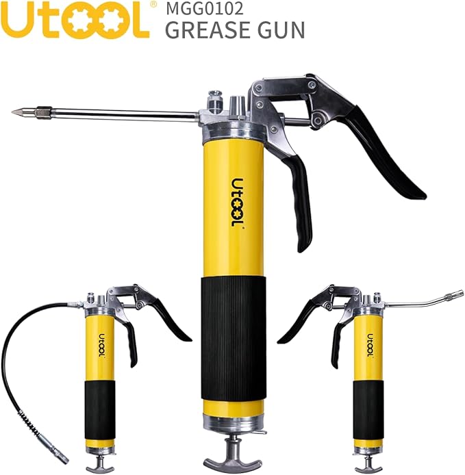 UTOOL Grease Gun, 8000 PSI Heavy Duty Pistol Grip Grease Gun Kit with 14 oz Capacity, 18 Inch Resin Flex Hose, 2 Basic Coupler, 2 Extension Rigid Pipe and 1 Sharp Type Nozzle, Argent Matte Finish