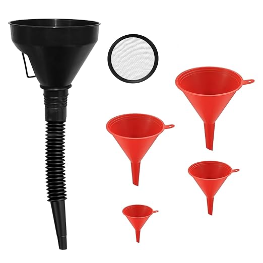 5 Pcs Automotive Funnels Set, Wide Mouth Fuel Funnel, Plastic Long Neck Oil Funnel, Flexible Right Angle Funnels, with Detachable Spout and Filter for Water/Gasoline/Coolant/Engine Oil