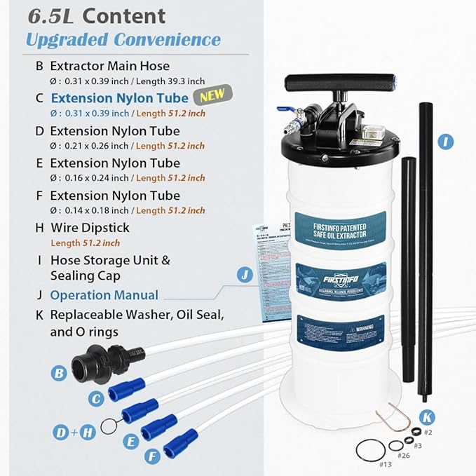 FIRSTINFO A1102USY5 Patented Third Generation 6.5L Taiwan Pneumatic/Manual Oil Vacuum Extractor | Vacuum Safety Valve | 51 Inch Tube | 5 Tubes | Thinnest Tube