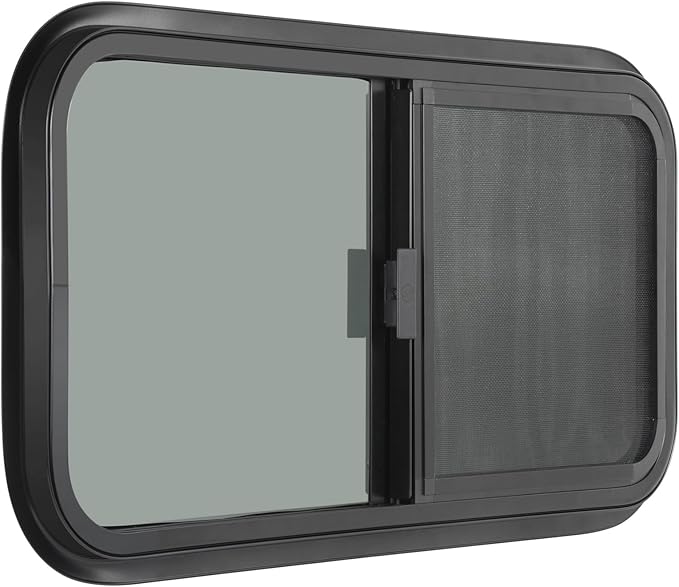 Horizontal RV Window, 21" W x 14" H Tinted Sliding RV Window with Net Screen and Trim Ring, Suitable for 15/16" or 1-3/8" and Slightly Thicker Up to 1/16" Walls, DOT Approved