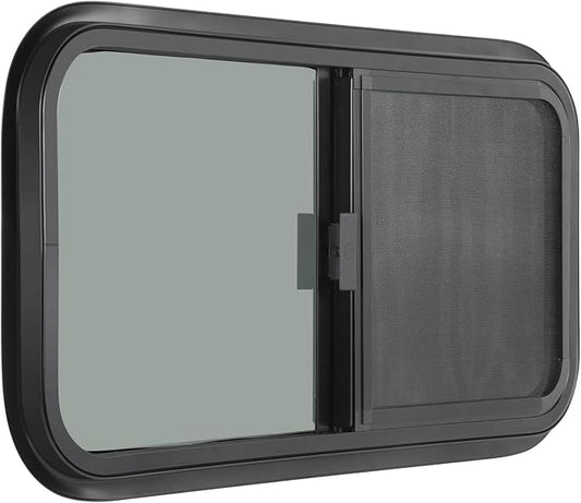 Horizontal RV Window, 21" W x 14" H Tinted Sliding RV Window with Net Screen and Trim Ring, Suitable for 15/16" or 1-3/8" and Slightly Thicker Up to 1/16" Walls, DOT Approved