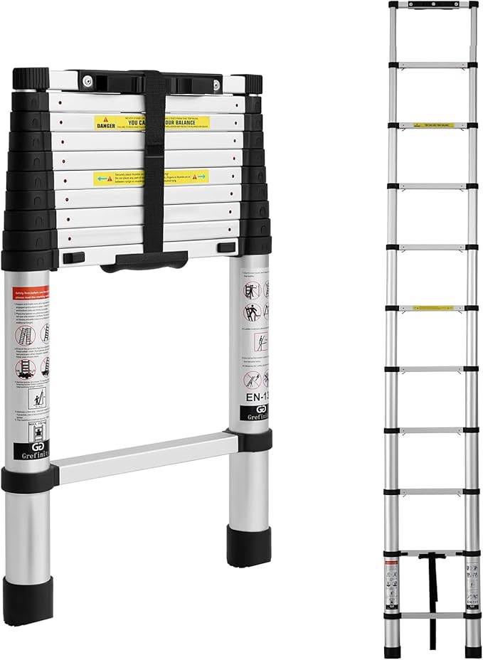 10.5 FT Aluminum Telescoping Ladder, One Button Retraction Extension Ladder, 375 lbs Load Capacity with Non-Slip Wide Feet, Compact Portable for Indoor Outdoor Use, RV, Attic and Roof Use