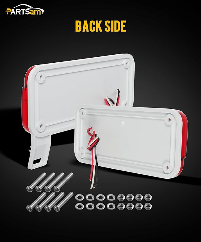 Partsam Rectangular Red LED RV Camper Trailer Stop Turn Brake Tail Lights White License Plate Light 49 LED with License Bracket Holder and White Base 12V Sealed w Reflex Surface Mount (Left + Right)