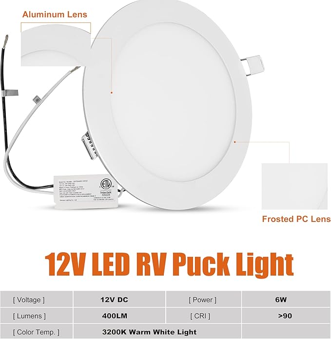 Facon 4.5Inch 12V RV LED Puck Light, 6Packs Aluminum Slim Recessed Mount Light, 3200K Warm White, 12Volts DC Interior Light for RV, Camper, Motorhome, Fifth Wheel, Trailer, Boat