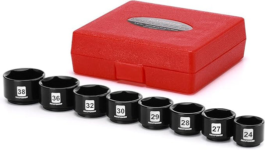 MIXPOWER 8 Pieces 3/8" Drive Low Profile Oil Filter Socket Set, 24mm, 27mm, 28mm, 29mm, 30mm, 32mm, 36mm, 38mm, Oil Filter Cap Remover and Installer Tool Set