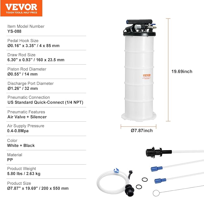VEVOR 6.5L Pneumatic/Manual Oil Extractor Pump, Fluid Extractor Pump for Automotive Fluids Vacuum Evacuation, Oil Change & Fluid Change Tool with Dipstick and Suction Hose