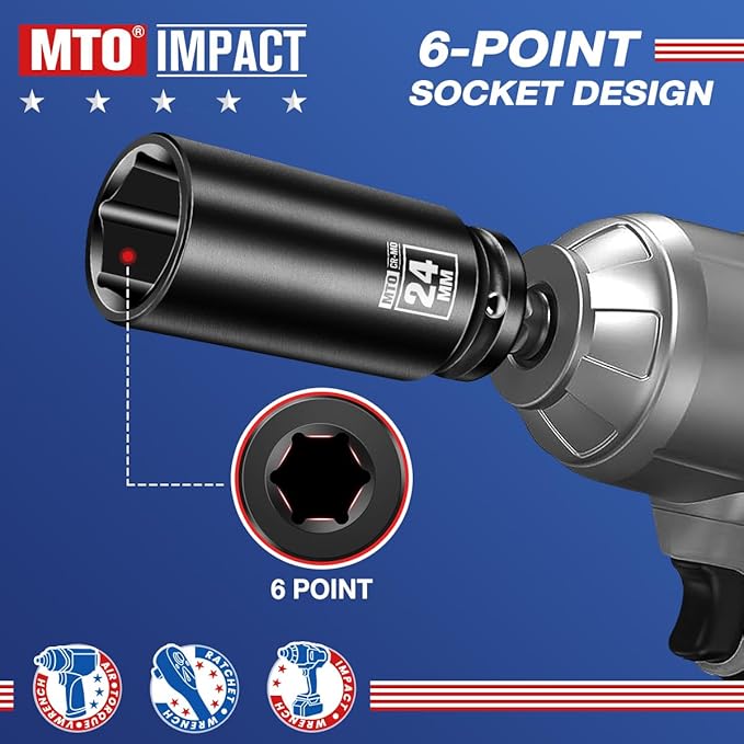MTO 1/2" Drive 24mm Deep Impact Socket, 6 Pt. Metric Socket, CR-MO Steel & Anti-Corrosion Coating for Heavy-Duty Use