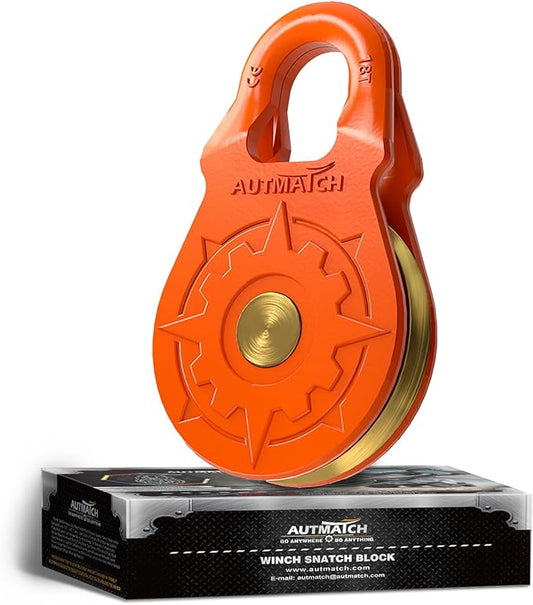 AUTMATCH Winch Snatch Block 18 Ton - Winch Pulley (79,366 Lbs) Break Strength, Heavy Duty Off Road Recovery Towing Pulley Blocks for Synthetic Rope or Steel Cable, Truck, UTV, ATV, Orange