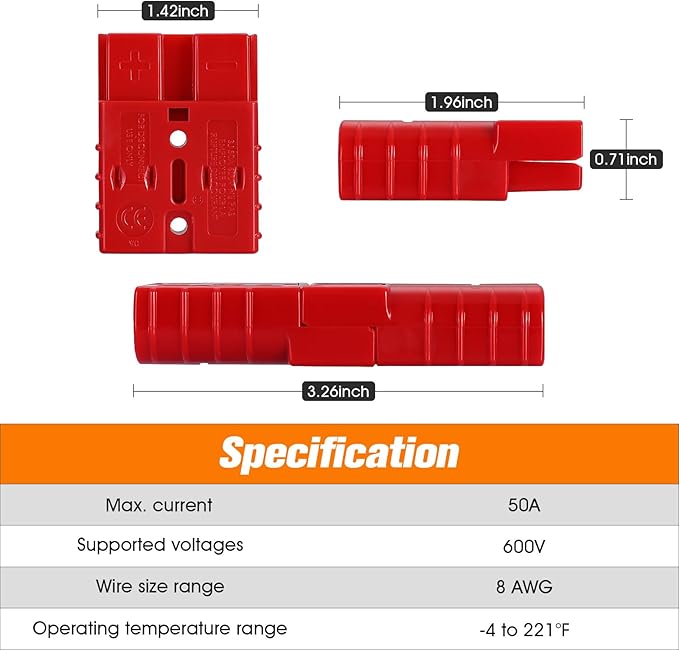 10 Pcs 8 Gauge 50 Amp Battery Quick Connect/Disconnect, Jumper Cable Plug Connector Kit for Recovery Winch, Forklift, Towing Systems(Red)