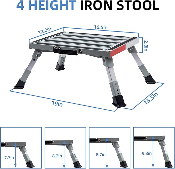 Homeon Wheels RV Step Stool, Adjustable Height Folding Iron Platform with Non-Slip Rubber Feet, Anti-Slip Stripe and Handle, Supports Up to 1000 lbs, 16.5" x 12.2", for Trailer, Truck, Outdoor Use