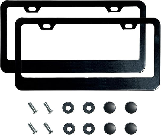 2PCS Matte Black License Plate Frames, 2 Holes Solid Rust-Proof Stainless Steel License Plate Holder, Lengnoyp Universal Car License Plate Cover for Women and Man with Screws Accessories