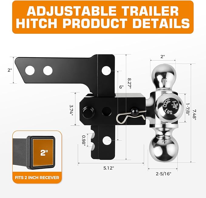Kingfun Adjustable Trailer Hitch - Fits 2 Inch Receiver, Tri-Ball (1-7/8" X 2" X 2-5/16") 6-Inch Rise/Drop Hitch, 12500 Lbs Gtw Heavy Duty Aluminum Truck Tow Hitch with Anti-Theft Pins (Black)