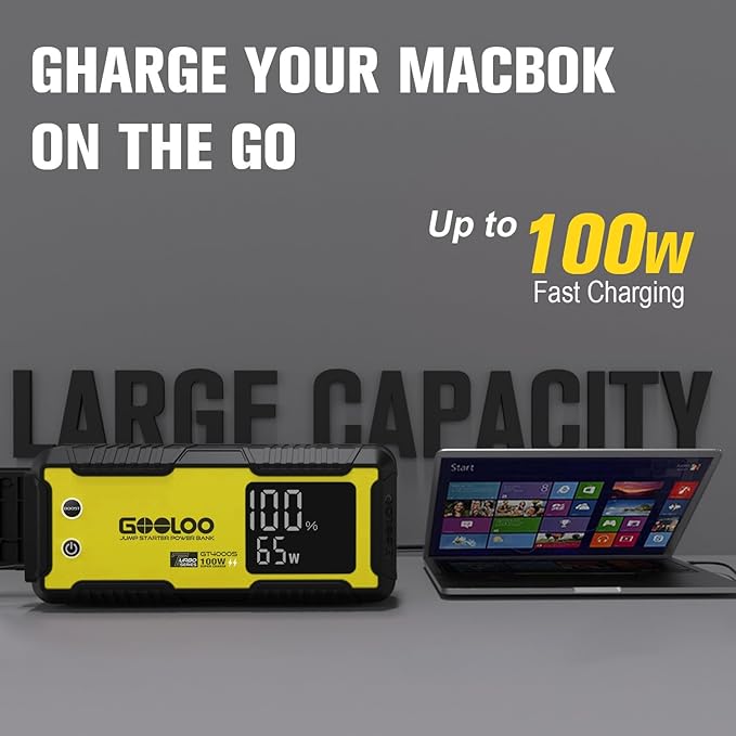 GOOLOO GT4000S Jump Starter 4000A Car Jumper Starter (Up to 10L Diesel All Gas Engines), 100W Fast-Charging Lithium Jump Box, SuperSafe Portable Car Battery Charger Power Bank for 12V Vehicles, Yellow