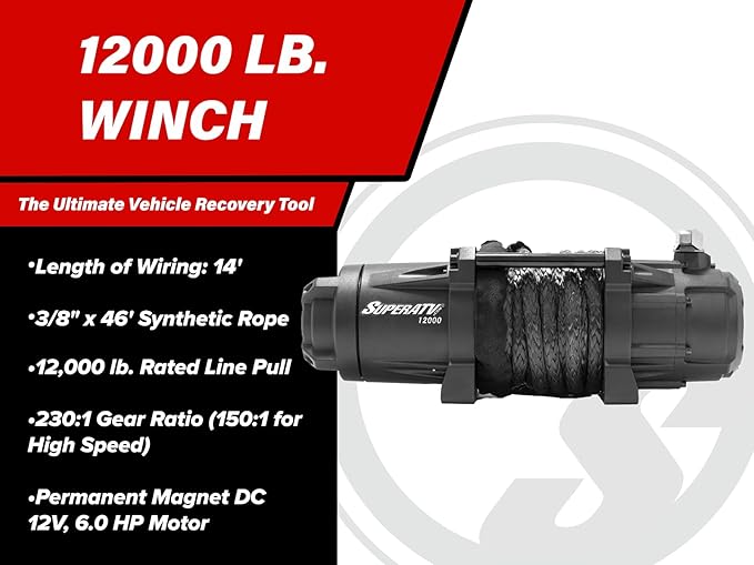 SuperATV 12,000 lb Black Ops Winch and 2" Receiver Winch Mount Plate with Wireless Remote and Synthetic Rope for UTVs/Jeeps/SUVs | Permanent Magnet DC 12V, 6.0 HP Motor