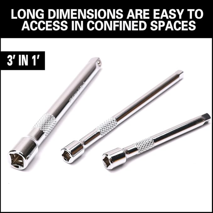 HORUSDY 9-Piece Socket Extension Bar Set, Ratchet Extension Bar Set,1/4", 3/8", and 1/2" Impact Drive Socket, Drive Tool Accessory, CR-V Steel Storage Tray