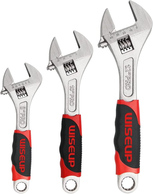 WISEUP Professional Adjustable Wrench 8 inch 10 inch 12 Inch Cr-V Forged Industrial Grade Hand Tools Wrench Set With Anti-Slip Grip Small Adjustable Wrench